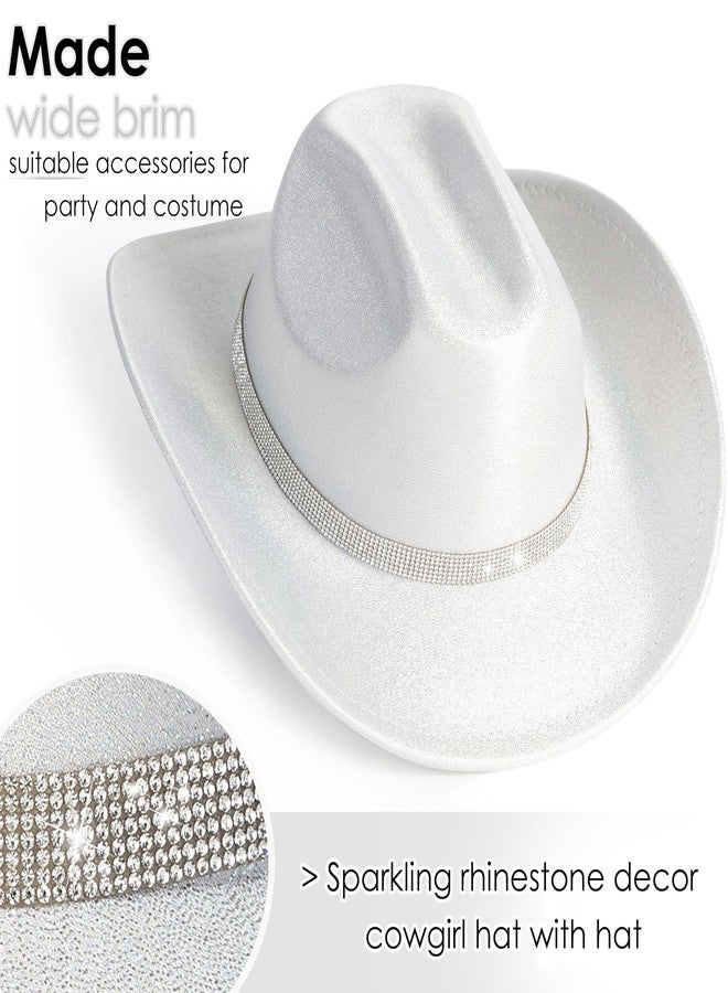 Gossifan Women Men Wide Brim Cowboy Hats with Rhinestone Buckle for Party Disco Sparkly Cowgirl Hat-Silver - Image 3